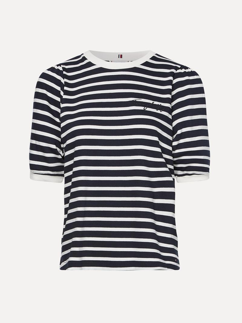 Női Tommy Hilfiger Stripe Crewneck Top Póló Fekete Fehér | HU 476TCE